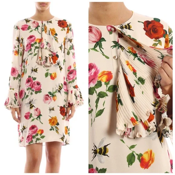 Gucci Floral Bee Silk Mini Dress IT38 US2 Pleated Front Long Sleeve Spring EUC - Picture 4 of 14